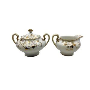 Vintage Hand Painted Nippon Gold Floral Design Porcelain Creamer and Sugar Bowls